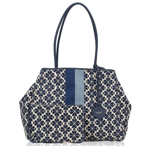 Kate Spade Everything Tote Large Flower Jacquard Stripe Blue Wristlet Adjustable - Picture 1 of 11